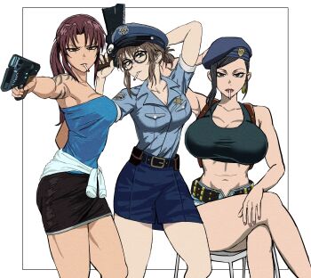 3girls absurdres aiming arm_behind_head arm_tattoo bare_arms bare_shoulders belt beret black-framed_eyewear black_belt black_eyes black_hair black_lagoon black_shirt black_skirt blue_hat blue_shirt blue_shorts blue_tube_top breasts brown_eyes brown_hair cigarette clothes_around_waist collared_shirt cosplay crop_top crossed_legs crossover deadman_wonderland denim denim_shorts dominator_(gun) earrings feet_out_of_frame finger_on_trigger fingernails glasses gun hand_on_own_thigh handgun hat highres holding holding_gun holding_weapon holster hoop_earrings inset_border jewelry jill_valentine jill_valentine_(cosplay) large_breasts lipstick looking_at_viewer makeup makina_(deadman_wonderland) medium_breasts mouth_hold multiple_crossover multiple_girls nail_polish navel on_stool outstretched_arm pencil_skirt pink_nails police police_badge police_hat police_uniform policewoman ponytail psycho-pass red_lips reiquant resident_evil resident_evil_3:_nemesis revy_(black_lagoon) revy_(black_lagoon)_(cosplay) round_eyewear shirt short_sleeves shorts shoulder_holster shoulder_tattoo single_earring sitting skirt smoking standing stool strapless sweater sweater_around_waist tattoo tube_top uguisu_anko v-shaped_eyebrows weapon white_background white_sweater yofukashi_no_uta