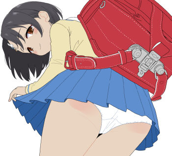 1girl backpack bag blue_skirt closed_mouth clothes_lift commentary_request idolmaster idolmaster_cinderella_girls loli looking_at_viewer panties randoseru red_bag sasaki_chie skirt skirt_lift smile solo takku thighs underwear white_panties