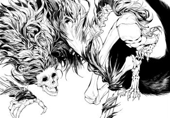 bloodborne claws commentary_request darkbeast_paarl fangs fromsoftware lineart megasus monochrome monster open_mouth simple_background skull spine teeth white_background