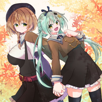 2girls :d assault_lily autumn_leaves beret black_dress black_flower black_hat black_thighhighs blue_ribbon braid breasts brown_hair brown_jacket closed_mouth commentary_request cowboy_shot cropped_jacket crossed_bangs digamma dress floral_background flower frilled_dress frills green_eyes green_hair hair_between_eyes hair_flower hair_ornament hand_on_own_chest hat highres hirotsu_yuuzutsu holding_hands interlocked_fingers jacket jacket_on_shoulders jewelry large_breasts layered_sleeves leaf long_hair long_sleeves looking_at_viewer looking_to_the_side low_twin_braids low_twintails multiple_girls neck_ribbon open_mouth pinafore_dress ribbon ring shirt short_over_long_sleeves short_sleeves side_braids sleeveless sleeveless_dress sleeves_past_wrists smile standing thighhighs tree_shade twin_braids twintails twintails_with_braided_base ueda_imari very_long_hair white_background white_shirt yellow_eyes yellow_flower zettai_ryouiki