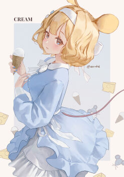 animal_ears blonde_hair blue_dress blue_eyes dress food hair_ribbon highres ice_cream mouse_ears mouse_tail original ribbon tail white_ribbon zeradok