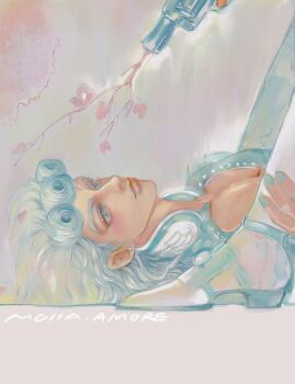 2boys a_io_u aqua_eyes aqua_hair aqua_nails cherry_blossoms closed_mouth curly_hair flower flower_in_gun giorno_giovanna grey_background guido_mista gun highres holding holding_another&#039;s_ankle holding_gun holding_weapon jojo_no_kimyou_na_bouken long_hair male_focus multiple_boys nail_polish pink_flower vento_aureo weapon yaoi