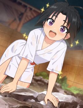 1boy bent_over black_hair blurry blurry_background blush ca_ligula_(extendzamonas) highres houjou_tokiyuki_(nige_jouzu_no_wakagimi) japanese_clothes kimono looking_at_viewer male_focus nige_jouzu_no_wakagimi onsen open_mouth purple_eyes shota solo trap wet wet_clothes