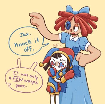 2girls annoyed artist_name asymmetrical_gloves bags_under_eyes blue_bow blue_eyes blue_headwear blunt_bangs blunt_ends blush_stickers boffix bow brown_hair button_eyes buttons clenched_hands clothes_grab collared_dress distress doll dress dress_grab english_text eyelashes freckles gloves hand_on_own_hip hat hat_bell height_difference highres jax_(the_amazing_digital_circus) jester jester_cap leaning_on_person long_dress multicolored_eyes multicolored_headwear multiple_girls nervous one-eyed out_of_frame patchwork_clothes pointing pointing_at_another pomni_(the_amazing_digital_circus) prank ragatha_(the_amazing_digital_circus) red_eyes red_gloves red_hair red_headwear scared scolding short_hair short_sleeves speech_bubble stress striped_clothes striped_headwear the_amazing_digital_circus triangle_nose two-tone_eyes vertical-striped_bodysuit vertical-striped_clothes vertical-striped_headwear yellow_background