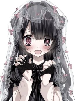 1girl @_@ black_eyes black_hair blunt_bangs blush commentary fingerless_gloves fingernails gloves hair_intakes half_gloves hands_up heterochromia holding_another's_wrist kasukasugom1 long_fingernails long_hair mismatched_pupils nail_polish nervous_sweating open_mouth original pink_eyes short_sleeves smile solo_focus sweat symbol-shaped_pupils veil x-shaped_pupils