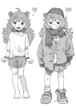 1girl absurdres ahoge arrow_(symbol) asymmetrical_footwear asymmetrical_legwear bags_under_eyes bandaid bandaid_on_arm bandaid_on_face bandaid_on_knee bandaid_on_leg bandaid_on_nose barefoot beanie belt_buckle blush bracelet buckle choker clenched_hands collarbone commentary crocs crossed_bangs dolphin_shorts english_commentary english_text greyscale hair_between_eyes hair_flaps hat highres jacket jewelry long_hair macci_(possummachine) mismatched_footwear missing_tooth mixed-language_commentary monochrome multiple_views off_shoulder open_clothes open_jacket open_mouth original pleated_skirt possum_ears possummachine scarf shirt shoes short_sleeves shorts sidelocks single_sleeve_past_fingers single_sock single_thighhigh skirt smile sneakers socks t-shirt thighhighs uneven_legwear wrist_belt