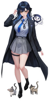 1girl absurdres arm_at_side black_coat black_hair black_shoes black_socks blue_necktie breasts cat coat collared_shirt colorpoint_(pattern) commentary eruthu full_body gangzi_(vtuber) grey_skirt hand_up highres lanyard large_breasts long_sleeves looking_at_viewer miniskirt multicolored_hair necktie open_clothes open_coat parted_lips pleated_skirt shirt shirt_tucked_in shoes siamese_cat simple_background skirt socks solo standing stellive streaked_hair symbol-only_commentary thigh_strap trench_coat virtual_youtuber white_background white_shirt wing_collar yellow_eyes