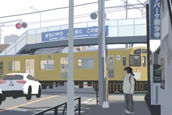 1girl absurdres backpack bag black_hair boom_barrier braid bridge building car collared_sweater from_side full_body grey_pants highres japan kyora_san long_sleeves low_twin_braids messy_hair motor_vehicle original outdoors pants pedestrian_bridge power_lines railing railroad_crossing railroad_signal road scenery sheet_ghost shoes sign sleeves_past_fingers sleeves_past_wrists street sweater train twin_braids white_car white_shoes white_sweater