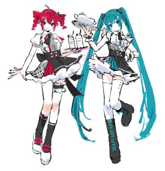2girls absurdres ahoge aqua_eyes aqua_hair aqua_nails black_boots black_bow black_necktie black_ribbon black_skirt black_socks boots bow center_frills closed_mouth collared_shirt commentary dot_mouth dot_nose drill_hair frilled_sleeves frilled_thigh_strap frilled_wrist_cuffs frills full_body hair_between_eyes hair_bow hair_ornament hair_ribbon hairclip hand_on_own_hip hand_up hatsune_miku high-waist_skirt highres holding holding_tray kasane_teto kasane_teto_(sv) knee_boots kneehighs leg_up long_hair miniskirt multicolored_shirt multicolored_shoes multiple_girls nail_polish necktie parallel_hairclips petticoat puffy_short_sleeves puffy_sleeves red_eyes red_hair ribbon seiya_ingen shirt shoes short_necktie short_sleeves simple_background skirt skirt_bow smile socks standing standing_on_one_leg synthesizer_v thigh_strap thighhighs tray twin_drills twintails two-tone_shoes two-tone_wrist_cuffs utau very_long_hair vocaloid white_background white_shoes white_thighhighs wrist_cuffs