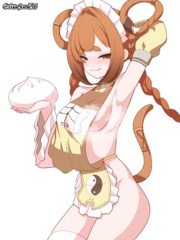 1girl :3 absurdres animal_ears apron arm_up armpits bare_shoulders braid braided_twintails breasts brown_eyes brown_hair commentary_request detached_sleeves dumpling food hair_rings highres holding holding_food kiki_peiling_(last_origin) korean_commentary large_breasts last_origin long_hair looking_at_viewer maid_headdress monkey_ears monkey_girl monkey_tail no_panties orangegoon revealing_clothes signature sleeves_past_wrists smug tail thick_eyebrows thighhighs very_long_hair white_background yin_yang