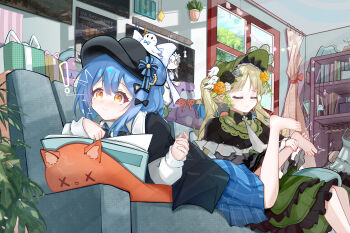 Rule 34 | !, 2girls, absurdly detailed composition, absurdres, banbanban li, barefoot, black capelet, black hat, blue hair, bookshelf, box, calendar (object), capelet, checkered clothes, checkered skirt, closed eyes, commentary request, dress, frilled dress, frills, full body, gift, gift box, green hair, green hat, hair between eyes, hat, highres, loaded interior, long hair, lying, mahou shoujo no majo saiban, medium hair, multiple girls, on person, on stomach, orange eyes, plant, poster (object), potted plant, skirt, stuffed animal, stuffed cat, stuffed toy, surprised, tachibana sherry, teddy bear, tickling, tickling feet, tono hanna, twintails, victorian, window