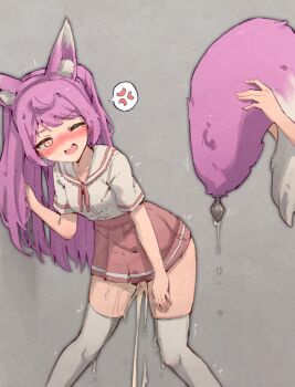 1girl against_wall anal_tail anger_vein animal_ear_fluff animal_ears annoyed blush breasts butt_plug disembodied_hand embarrassed fake_animal_ears fake_tail female_focus fox_ears fox_tail frilled_shirt frills grey_background grey_thighhighs half-closed_eye hand_up highres holding_tail leaning_forward long_hair miniskirt neck_ribbon nose_blush one_eye_closed open_mouth orange_eyes original pee peeing peeing_self pink_hair pink_ribbon pink_skirt pleated_skirt ribbon rita_(rune_(dualhart)) rune_(dualhart) school_uniform sex_toy shirt shirt_tucked_in short_sleeves sidelocks simple_background skindentation skirt small_breasts solo_focus speech_bubble spoken_anger_vein standing sweat tail tail_removed tears thighhighs trembling two_side_up wet wet_clothes white_shirt wince zettai_ryouiki
