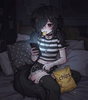 1girl ahoge animal_ears bag_of_chips bags_under_eyes bandaged_arm bandages bed black_choker black_eyes black_hair black_shirt black_shorts breasts cellphone chips_(food) choker collarbone commentary crew_neck cropped_shirt cross cross_choker cross_necklace dog_ears dog_girl dog_tail drawstring english_commentary feet_out_of_frame food frilled_sleeves frilled_thighhighs frills groin hair_ornament heart heart-shaped_pupils holding holding_phone indoors jewelry kryawanii kryawanii_(artist) looking_at_phone low_twintails medium_hair messy_hair midriff navel necklace on_bed original phone phone_light pillow potato_chips screen_light self-portrait shirt short_sleeves shorts sitting small_breasts smartphone solo star_(symbol) striped_clothes striped_shirt symbol-shaped_pupils tail thighhighs twintails two-tone_shirt white_shirt x_hair_ornament yokozuwari