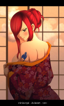 1girl alternate_hairstyle arm_tattoo armpits asymmetrical_bangs belt breasts brown_eyes clenched_hands cloud collarbone curvy deviantart_username erza_scarlet evening eyelashes fairy_tail female_focus fingernails floral_print from_behind hair_bun hair_over_one_eye hands_up highres imminent_penetration indoors japanese_clothes kimono large_breasts long_hair looking_at_viewer looking_back mashima_hiro neck no_bra off-shoulder_yukata off_shoulder open_yukata print_kimono print_yukata recolor red_hair red_kimono red_yukata reference_work seductive_smile sexually_suggestive shoulder_blades sideboob sidelocks single_hair_bun sky smile standing straight_hair sunlight tattoo topless_female traditional_clothes undressing unworn_belt upper_body window yukata