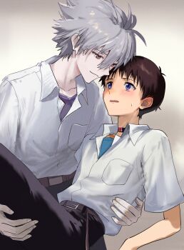 Rule 34 | 2boys, belt, black pants, blue eyes, blue shirt, blush, brown belt, brown hair, carrying, carrying person, collared shirt, commentary, dss choker, evangelion: 3.0 you can (not) redo, grey hair, hair between eyes, highres, ikari shinji, looking at another, male focus, multiple boys, nagisa kaworu, neon genesis evangelion, oversized belt, pants, princess carry, purple shirt, rebuild of evangelion, red eyes, school uniform, shirt, short hair, short sleeves, soraaaa53, symbol-only commentary, tokyo-3 middle school uniform, white shirt, yaoi