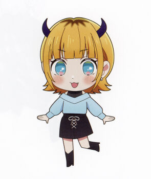 1girl :3 absurdres black_boots black_skirt blonde_hair blue_eyes blue_shirt blue_sweater blunt_bangs blush bob_cut boots chibi cross-laced_clothes cross-laced_skirt demon_horns fake_horns highres horns looking_at_viewer mem-cho miniskirt multicolored_hair non-web_source off-shoulder_sweater off_shoulder official_art open_mouth oshi_no_ko roots_(hair) scan self-scan shirt short_hair skirt sleeveless sleeveless_turtleneck smile sweater turtleneck white_background