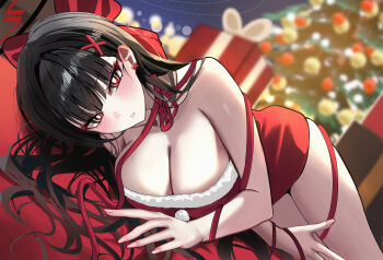 1girl absurdres alternate_costume bare_shoulders blue_archive blush breasts christmas_tree cleavage commentary dress fur_trim hair_behind_ear halo highres large_breasts long_hair looking_at_viewer lying mango_(mango0208) on_side parted_lips red_eyes red_halo rio_(blue_archive) santa_costume santa_dress short_dress solo