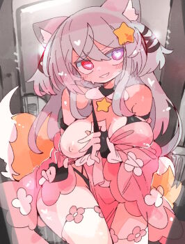 1girl animal_ears annytf averting_eyes bare_shoulders black_bra black_gloves black_panties blush bra bra_pull breasts breath bright_pupils clothes_down clothes_pull collar commission contrapposto dress embarrassed fingerless_gloves flashing floral_print flower_symbol fox_ears fox_girl fox_tail gloves grey_background grin hair_between_eyes hair_ornament hair_tie head_tilt heterochromia indie_virtual_youtuber large_breasts long_hair massakasama nervous_smile nipples one_breast_out oppai_challenge outdoors panties panty_peek pink_dress pink_hair public_indecency purple_eyes red_eyes sidelocks skeb_commission smile solo standing star_(symbol) star_hair_ornament star_ornament strap_pull string_panties sweat swept_bangs tail thighhighs underwear virtual_youtuber white_thighhighs wide_hips