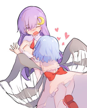 2girls back_bow bat_wings blue_hair blush bow breasts cleavage commentary_request crescent crescent_hair_ornament flapping foot_out_of_frame forestrylam frilled_shirt_collar frills hair_ornament heart highres large_breasts long_hair multiple_girls necktie no_headwear one_eye_closed open_mouth outstretched_arm panties patchouli_knowledge pink_shirt pink_skirt purple_eyes purple_hair red_bow red_necktie red_shoes remilia_scarlet shirt shoes simple_background skirt tearing_up thighs touhou underwear white_background white_panties white_shirt wing_flapping wings yuri