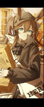 1girl absurdres amiya_(arknights) amiya_(newsgirl)_(arknights) animal_ear_fluff animal_ears arknights ascot bag black_ascot black_coat black_hat blue_hair blurry blurry_background brown_eyes choker coat day dusk_ming ears_through_headwear english_text frilled_sleeves frills hair_between_eyes hat headphones high_collar highres holding holding_newspaper house implied_extra_ears infection_monitor_(arknights) jewelry letterboxed long_hair long_sleeves looking_at_viewer multiple_rings newsboy_cap newspaper outdoors own_hands_together parted_lips ponytail quilted_coat rabbit_ears ring shoulder_bag shoulder_strap sidelocks sleeves_past_wrists solo upper_body white_bag window