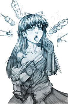 1girl bankage blue_theme breasts chopsticks dango female_focus food gloves hair_ribbon ikayaki long_hair monochrome off_shoulder phallic_symbol rance_(series) ribbon saliva saliva_trail sengoku_rance sexually_suggestive solo squid uesugi_kenshin_(rance) vambraces wagashi