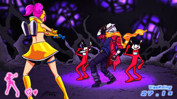 1boy 1girl 2others alien antennae arms_up bandages bare_back bare_legs bare_shoulders belt belt_buckle blue_shirt body_control boots brown_gloves buckle capcom colored_skin commentary crop_top crossover dancing dante_(devil_may_cry) devil_may_cry_(series) devil_may_cry_5 english_commentary english_text fingerless_gloves gameplay_mechanics gloves glowing glowing_clothes gun hand_on_headwear hand_on_own_head handgun happy hat headset heart highres holding holding_gun holding_weapon imitating jacket knee_up long_sleeves looking_at_another looking_at_viewer medium_hair miniskirt morolian multiple_others open_clothes open_jacket pants pink_hair pose_imitation purple_pants red_jacket red_skin scarf sega shirt skirt smile space_channel_5 strap thigh_strap tiptoes tryvor twintails ulala weapon white_hair white_hat yellow_boots yellow_gloves