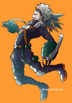 1boy bakugou_katsuki black_boots black_headband black_pants black_shirt blonde_hair boku_no_hero_academia boots chest_strap full_body furrowed_brow headband highres knee_pads male_focus mocomocopicopi open_mouth orange_background pants red_eyes shirt short_hair smile solo superhero_costume twitter_username