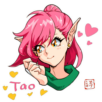 1girl artist_name asymmetrical_bangs blush_stickers character_name earrings elf facing_viewer hand_up head_only heart jewelry looking_to_the_side okeko pink_hair pointy_ears ponytail shining_(series) shining_force_i signature slit_pupils smile solo tao_(shining_force) white_background
