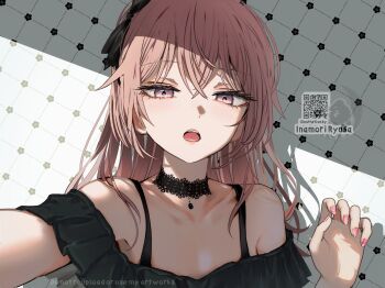 Rule 34 | 1girl, black bow, black choker, black shirt, bow, choker, collarbone, commentary, crossed bangs, hair between eyes, hair bow, inamori ryusa, inui sajuna, long hair, nail polish, off-shoulder shirt, off shoulder, open mouth, pink hair, pink nails, purple eyes, shirt, solo, sono bisque doll wa koi wo suru, teeth, upper body