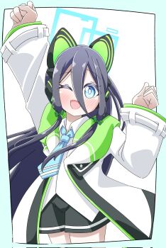 1girl ;d animal_ear_headphones animal_ears aqua_border aqua_eyes aqua_halo aris_(blue_archive) arm_up black_shorts blue_archive blue_necktie blush border bow bright_pupils cat_ear_headphones cat_ears clenched_hands collared_shirt commentary corrupted_twitter_file cosplay cowboy_shot double-parted_bangs fake_animal_ears green_bow green_jacket hair_between_eyes hair_bow halo hand_up headphones highres jacket long_bangs long_hair long_hair_between_eyes long_sidelocks long_sleeves looking_at_viewer low-tied_sidelocks midori_(blue_archive) midori_(blue_archive)_(cosplay) multicolored_jacket necktie one_eye_closed open_clothes open_jacket open_mouth outside_border raised_fist rectangular_halo reiremi ringed_eyes shirt shorts sidelocks simple_background smile solo untucked_shirt very_long_hair white_background white_jacket white_pupils white_shirt wide_sleeves wing_collar
