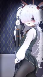 1girl animated antique_firearm black_pantyhose blue_archive blunderbuss clothes_lift dress dress_lift firearm firelock flintlock from_side grey_hair gun hair_over_one_eye halo highres kanoe_(blue_archive) lifting_own_clothes loli long_hair long_sleeves looking_at_viewer looking_to_the_side open_mouth orange_eyes orange_halo panties panties_under_pantyhose pantyhose pinafore_dress ramrod rancidronin scar scar_on_neck sexually_suggestive shirt sleeveless sleeveless_dress smile solo tagme underwear video weapon white_shirt