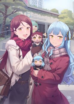 2girls artist_logo bag bang_dream! bang_dream!_it's_mygo!!!!! belt black_ribbon black_shirt black_skirt blue_hair brown_belt brown_gloves brown_scarf buttons character_doll commentary doll double-breasted english_commentary gloves grey_jacket hair_ornament hair_ribbon hairclip highres hiroki_ree holding holding_doll jacket logo long_hair long_sleeves looking_at_viewer love_live! love_live!_sunshine!! mittens multiple_girls open_mouth outdoors plaid_clothes plaid_scarf red_hair red_jacket red_scarf ribbon sakurauchi_riko scarf shirt shoulder_bag skirt smile sumida_(tokyo) togawa_sakiko tokyo_(city) tokyo_skytree tree two_side_up yellow_eyes