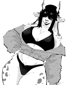 1girl animal_ears animal_nose body_fur bra breasts commentary commission cow_ears cow_girl cow_horns cowboy_shot curvy dutch_angle english_commentary facing_viewer furry furry_female greyscale hair_over_eyes hand_on_own_hip hatching_(texture) highres horns jacket jacket_partially_removed large_breasts linear_hatching long_bangs long_hair long_sleeves miregeist monochrome open_mouth original panties partially_unzipped simple_background solo thighs underwear white_background