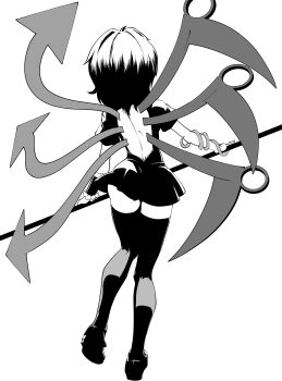 1girl absurdres asymmetrical_wings back_cutout black_thighhighs clothing_cutout commentary_request dress from_behind full_body highres holding holding_polearm holding_weapon houjuu_nue kikoka_(mizuumi) microdress monochrome polearm short_hair simple_background snake_armband solo thighhighs touhou weapon white_background wings