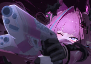 Rule 34 | 1girl, absurdres, arknights, arknights: endfield, black background, black gloves, blunt bangs, blush, commentary, dragon girl, dragon horns, energy gun, english commentary, gloves, gun, hair intakes, handgun, highres, holding, holding gun, holding weapon, horns, ichira, long hair, multicolored hair, one eye closed, pink hair, purple eyes, solo, streaked hair, weapon, yvonne (arknights)