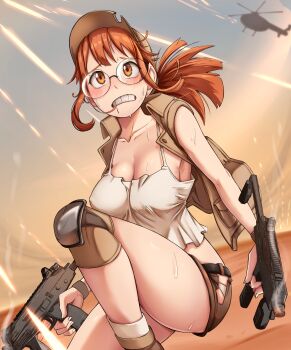 1girl absurdres aircraft baseball_cap biting_hair breasts brown_eyes brown_hair brown_hat brown_shorts brown_vest choppy_bangs cleavage clenched_teeth commentary desert dilan_griz dual_wielding fio_germi glasses gun hat helicopter highres holding holding_gun holding_weapon knee_pads large_breasts long_hair looking_up metal_slug mole mole_on_breast mole_under_mouth raised_inner_eyebrows round_eyewear short_shorts shorts smoke smoking_barrel solo sweat tank_top teeth vest weapon white_tank_top