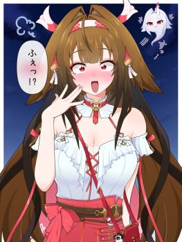 Rule 34 | +++, 1girl, animal ear fluff, animal ears, armband, bare shoulders, benis zzz, blue background, blush, breasts, brown hair, cleavage, collar, collarbone, commentary request, cross-laced clothes, cross-laced top, droopy ears, frilled armband, frilled collar, frilled shirt, frilled shirt collar, frills, ghost, hairband, hand up, high-waist skirt, highres, large breasts, long hair, looking at viewer, multicolored hairband, official alternate costume, open mouth, red bag, red eyes, red hairband, red skirt, shirt, skirt, speech bubble, translation request, upper body, very long hair, white armband, white hair, white hairband, white shirt, ye shunguang, ye shunguang (touch of dawnlight), zenless zone zero