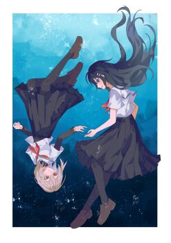 2girls air_bubble ampheta black_hair black_pantyhose black_skirt blonde_hair blue_eyes blush border bubble floating_hair full_body hair_ornament hashtag-only_commentary highres layered_sleeves loafers long_hair long_sleeves looking_at_another medium_hair multiple_girls neckerchief open_mouth oumi_shiori outside_border pantyhose pleated_skirt red_neckerchief sailor_collar school_uniform serafuku shirt shoes short_hair short_over_long_sleeves short_sleeves skirt smile underwater upside-down watashi_wo_tabetai_hitodenashi white_border white_sailor_collar white_shirt yaotose_hinako yuri