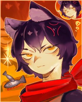 1girl anger_vein animal_ears black_hair cat_ears cat_girl dungeon_meshi fish highres image_in_thought_bubble mangoo099 red_scarf scarf short_hair solo sparkle speech_bubble thought_bubble yellow_eyes