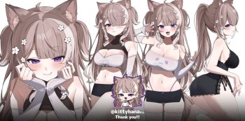 1girl :3 animal_ears arm_up armpits bandeau bare_arms bare_shoulders black_chemise black_shorts breasts brown_hair cat_ears chemise claw_pose cleavage crop_top d4kou16 detached_sleeves extra_ears fang hands_on_own_cheeks hands_on_own_face highleg lace_trim large_breasts long_hair long_sleeves looking_at_viewer midriff mole mole_on_breast mole_on_shoulder mole_on_stomach multicolored_hair multiple_views navel open_mouth panty_straps ponytail purple_eyes sakurai_hana short_shorts shorts simple_background skindentation smile stomach strapless streaked_hair thighhighs thighs tube_top two_side_up v-shaped_eyebrows vdonburi virtual_youtuber white_background white_bandeau white_thighhighs