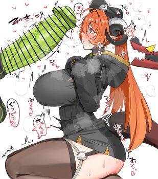 1boy 1girl anger_vein bar_censor beret black_hat black_hoodie black_horns blush breasts breath brown_thighhighs censored commentary curled_horns erection ethereal_(zenless_zone_zero) feet_out_of_frame from_side green_eyes green_penis hands_on_own_chest hat heart hetero highres hood hoodie horn/wood horns huge_breasts huge_penis interspecies long_hair looking_at_penis magus_(zenless_zone_zero) mechanical_horns mechanical_tail multicolored_horns o-ring o-ring_thigh_strap open_mouth orange_hair orange_pupils orphie_magnusson penis penis_awe pointy_ears profile seiza simple_background sitting solo_focus sound_effects spoken_anger_vein steaming_body surprised sweat symbol-only_commentary tail thigh_strap thighhighs trembling twintails two-tone_horns veins veiny_penis white_background white_horns wide-eyed womb_twitch zenless_zone_zero