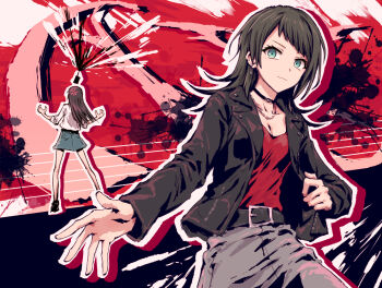 Rule 34 | 2girls, anger vein, angry, aqua eyes, bang dream!, bang dream! it's mygo!!!!!, black choker, black hair, black jacket, blue sky, breasts, brown hair, choker, cleavage, collarbone, commentary, cowboy shot, grey skirt, highres, jacket, long hair, looking at viewer, medium breasts, multiple girls, open clothes, open jacket, red background, red shirt, shiina taki, shirt, skirt, sky, three-quarter sleeves, white jacket, yahata umiri, yukitake (bullfalk)