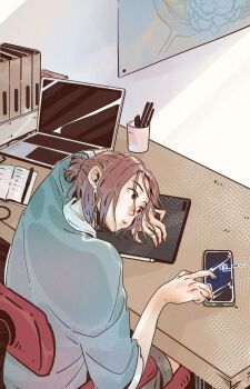 1girl binder brown_hair cellphone chair closed_mouth commentary computer desk english_commentary grey_shirt highres indoors laptop leaning_forward looking_to_the_side mu_xiaoen my_dear_lass on_chair phone shirt short_hair sitting smartphone solo teleixihu_tracy three-quarter_sleeves