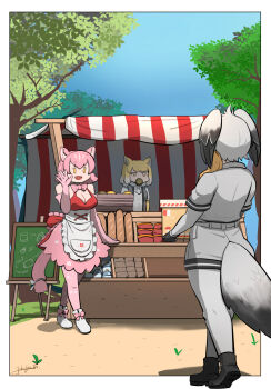 animal_ears apron baguette bare_shoulders bird_tail black_hair blush bow bowtie bread breasts cleavage commentary_request elbow_gloves expressionless extra_ears food food_in_mouth fox_ears fur_collar gloves grey_hair grey_shirt head_wings highres japari_bun japari_symbol john_(a2556349) kemono_friends kemono_friends_3 large_breasts market_stall multicolored_hair multiple_girls open_mouth panther_ears panther_girl panther_tail peach_panther_(kemono_friends) pink_hair shirt shoebill_(kemono_friends) short_hair short_sleeves smile tail tibetan_fox_(kemono_friends) white_hair wings yellow_eyes