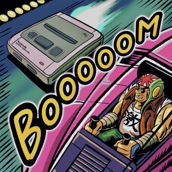 1boy brown_vest clenched_teeth commentary_request driving f-zero fire_stingray flying_vehicle game_console headgear highres imamura_takaya male_focus motion_lines muscular muscular_male nintendo oversized_object racing samurai_goroh solo speed_lines sunglasses super_famicom teeth vest