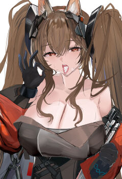 1girl absurdres angelina_(arknights) animal_ear_fluff animal_ears arknights arknights:_endfield bare_shoulders black_dress black_gloves breasts brown_hair chinese_commentary cleavage commentary_request crossed_bangs cum cum_in_mouth dress fellatio_gesture gilberta_(arknights) gloves hair_between_eyes highres huge_breasts large_breasts long_hair looking_at_viewer mikuning open_mouth red_sleeves solo sweat tongue tongue_out twintails