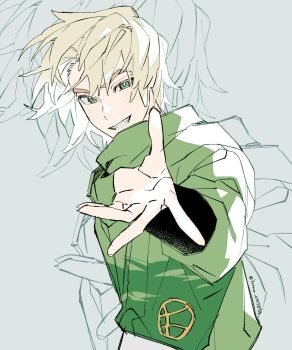 1boy animification artist_name blonde_hair blush bright_pupils commentary_request green_dougi green_eyes grey_background grin haaa_om007ls highres korean_commentary lloyd_garmadon long_sleeves looking_at_viewer male_focus ninjago ninjago:_dragons_rising outstretched_hand reaching reaching_towards_viewer short_hair simple_background smile solo the_lego_group twitter_username upper_body white_pupils