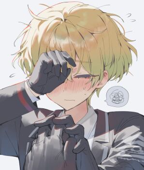 Rule 34 | 1boy, 1other, bad id, bad twitter id, black gloves, blonde hair, blush, closed eyes, closed mouth, coat, collared shirt, dante (limbus company), flustered, gloves, hand on own face, highres, holding hands, inactive account, korean commentary, limbus company, long sleeves, male focus, maratang, other with male, project moon, shirt, short hair, simple background, sinclair (project moon), solo focus, speech bubble, sweatdrop, white background, white shirt, wing collar