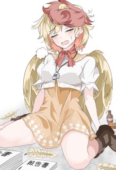 1girl animal animal_on_head baby_animal bird bird_on_head bird_wings blonde_hair boots brown_boots chick closed_eyes dress exhausted feathered_wings full_body highres kakineko medium_hair multicolored_hair neckerchief niwatari_kutaka on_head open_mouth orange_dress paper_stack quill red_hair red_neckerchief shirt short_sleeves sitting solo sweatdrop touhou two-tone_hair wariza whistle white_background white_shirt wings yellow_wings