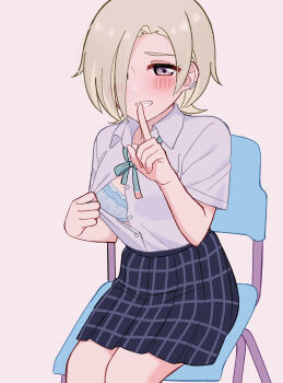 Rule 34 | 1girl, blue bra, blue skirt, bra, breasts, chair, commentary request, feet out of frame, finger to mouth, green ribbon, grey eyes, grey hair, grin, highres, ishimochi (daleka333), looking at viewer, loose neck ribbon, love live!, love live! nijigasaki high school idol club, medium breasts, medium hair, mia taylor, neck ribbon, nijigasaki school uniform, on chair, partially unbuttoned, pleated skirt, ribbon, school uniform, shirt, shirt aside, shushing, simple background, sitting, skirt, smile, solo, summer uniform, underwear, white background, white shirt